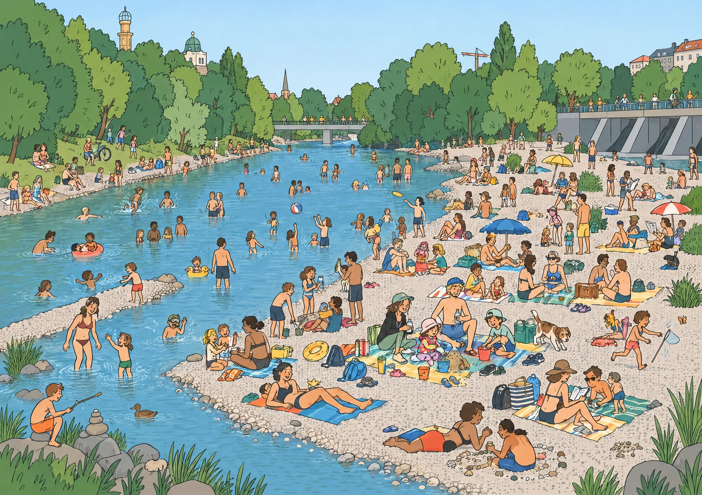 Detailreiche Wimmelbildszene am Fluss als persönliches Illustrationsbeispiel