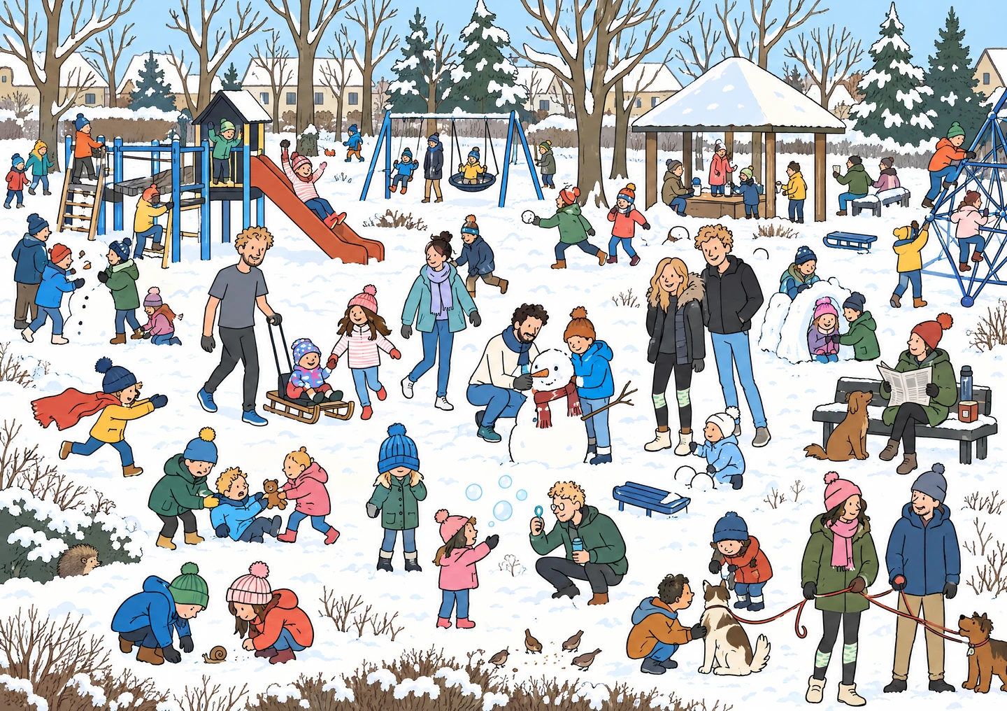 Personalised seek-and-find illustration as a unique photo gift featuring a winter playground