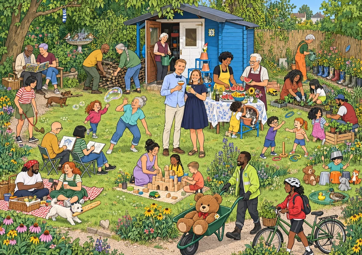 The blue garden shed as a seek-and-find picture featuring the couple from the people photo and little garden stories